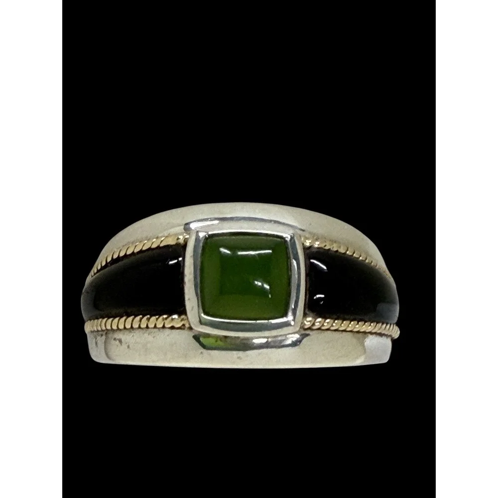 Mens 925 Sterling Silver 14K Gold Green Jade Black Onyx Ring Size 10 7.85g